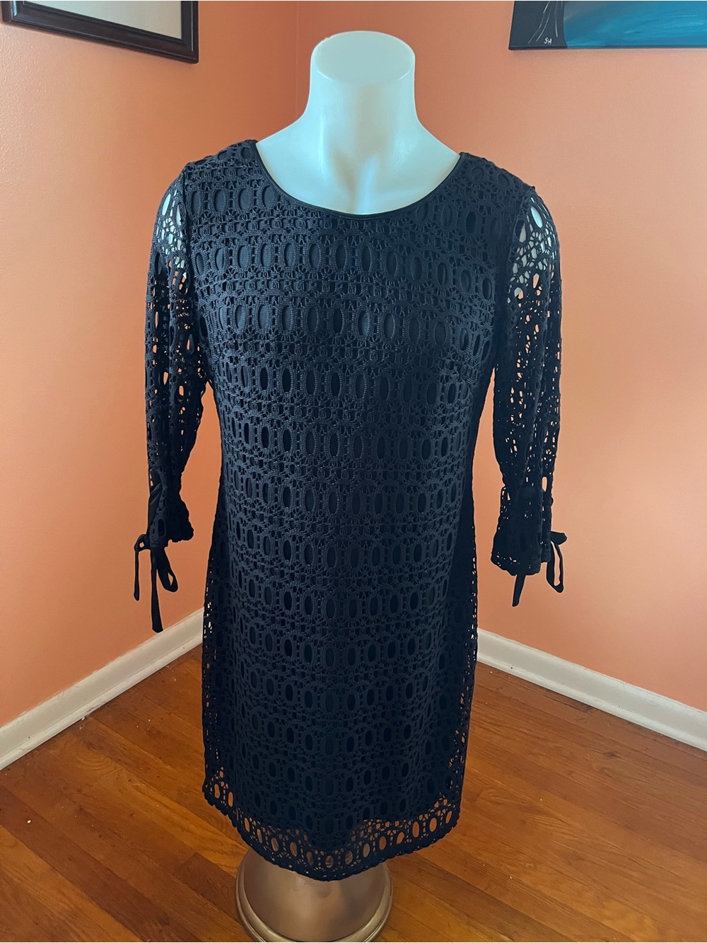 madison leigh Black Crochet Shift Dress with Tie Cuffs